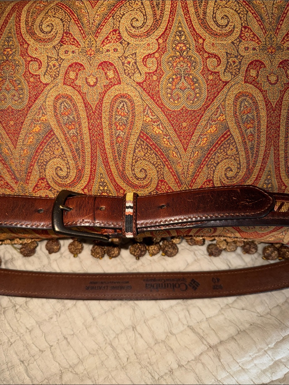 Columbia Brown Leather Men's Belt with embroidered fabric inlay size 40